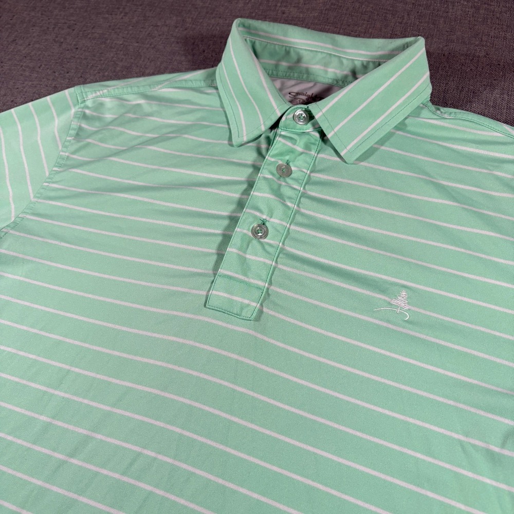 Straight Down Polo Shirt Mens M Green Striped Short Sleeve Performance Golf Top